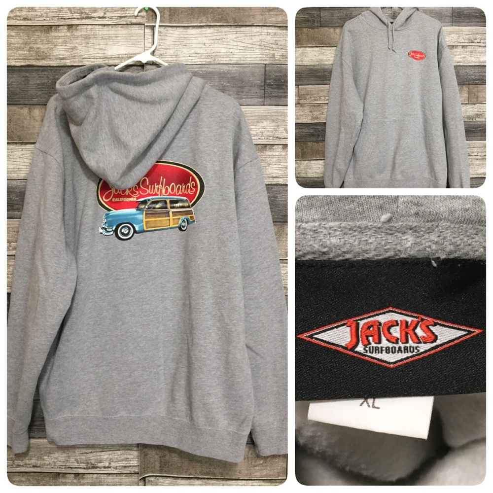 Jacks Surfboards Hoodie Sweatshirt Men’s XL Gray Pullover Graphic Print